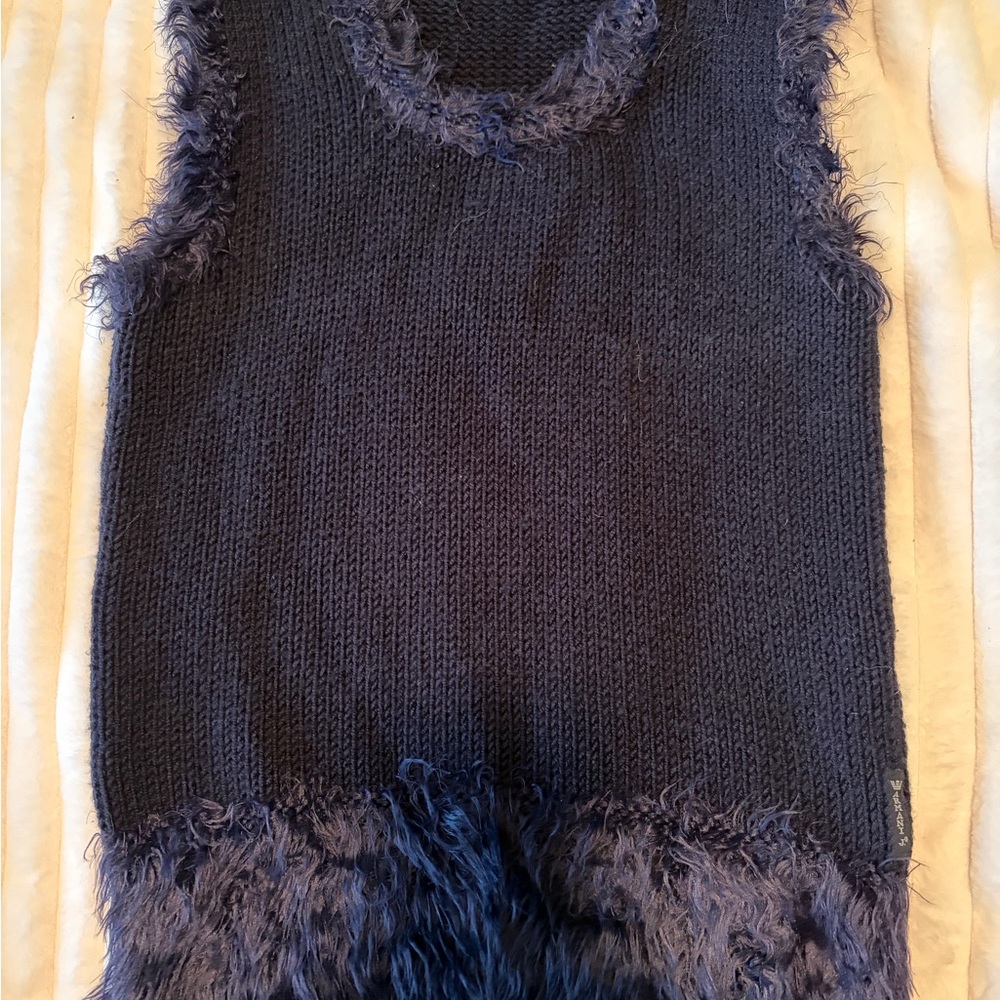 Vintage Armani Jeans Navy Knit Top with Faux Fur Trim